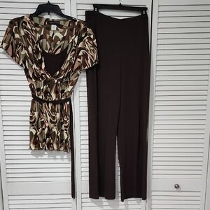 Connected Apparel Blouse/Brown Pants. Multi Browns, Greens, Cream Print Top. 12.